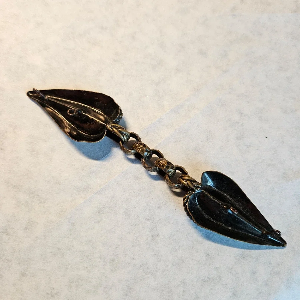Vtg Bronze Leaf Hammered Chain Cloak Jacket Clasp Fastener Clip Hook Handmade